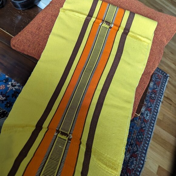 Vintage 70’s Table Runner Groovy Fall Autumn Mustard Stripe Tapestry Cloth Boho - Picture 5 of 7